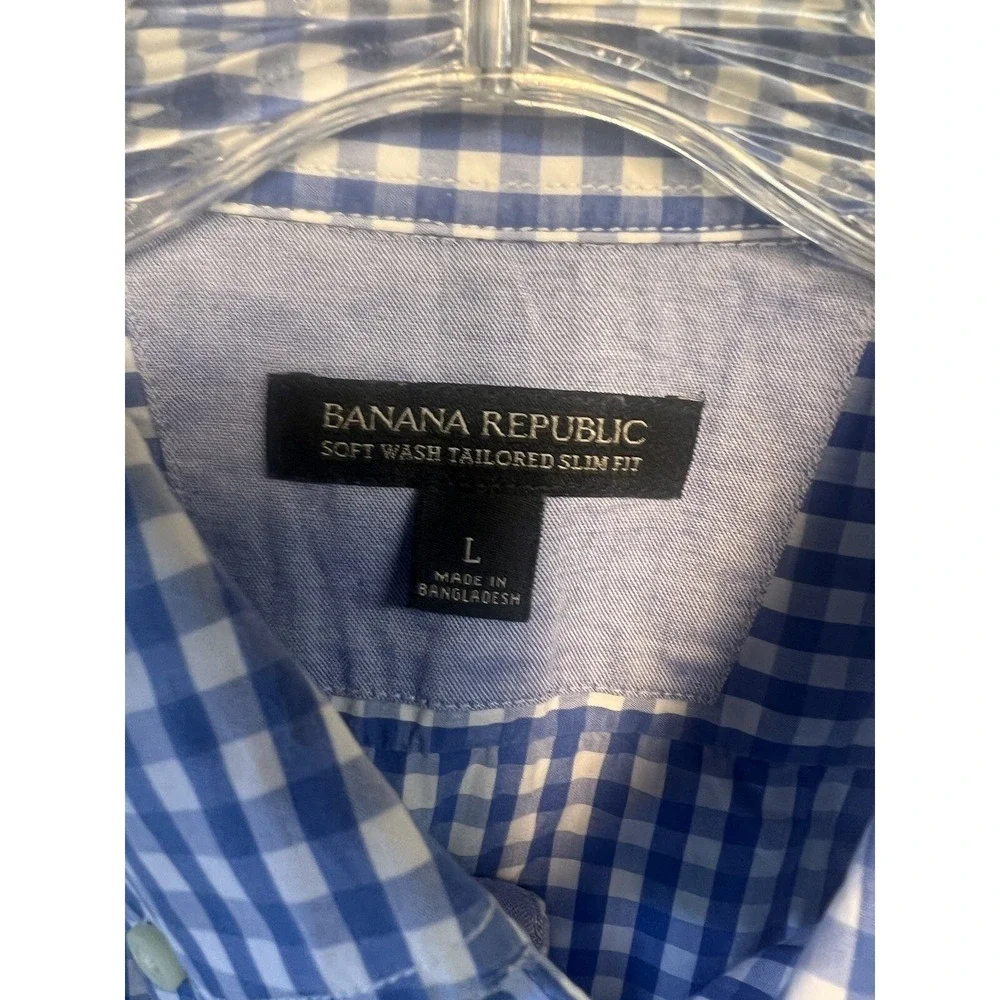 Banana Republic Button Down Mens L Blue Excellent Soft Wash Tailored Slim Gingha